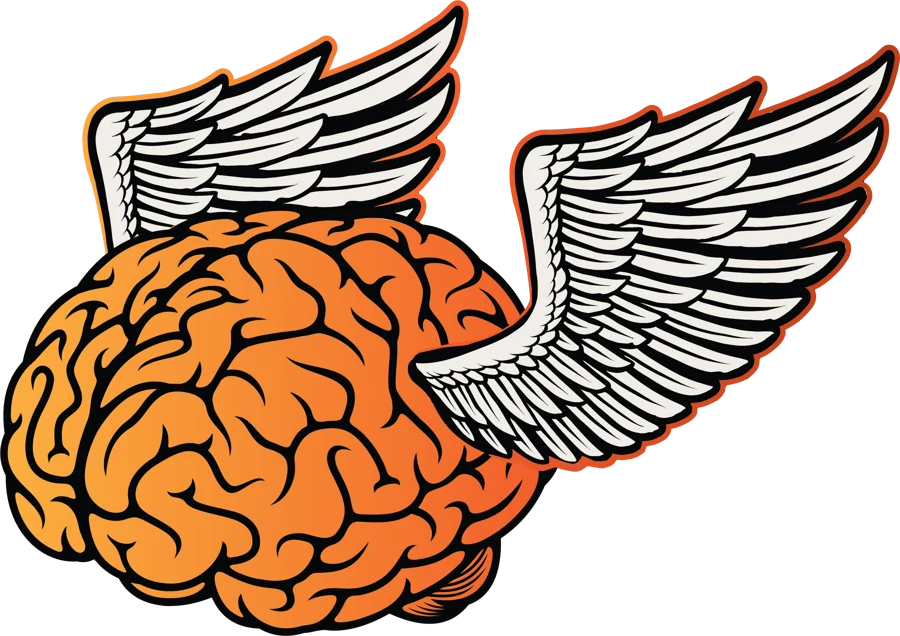 The flying brain, Michael R. Frazier's personal mark: an orange brain carried on white wings